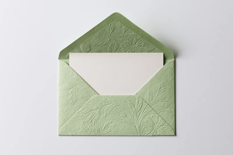 Open sage green envelope with embossed floral pattern holding a blank card on white background