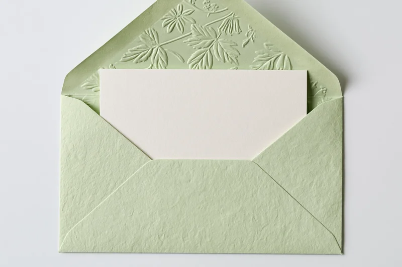 Open sage green envelope with embossed floral pattern holding a blank white card on a plain surface