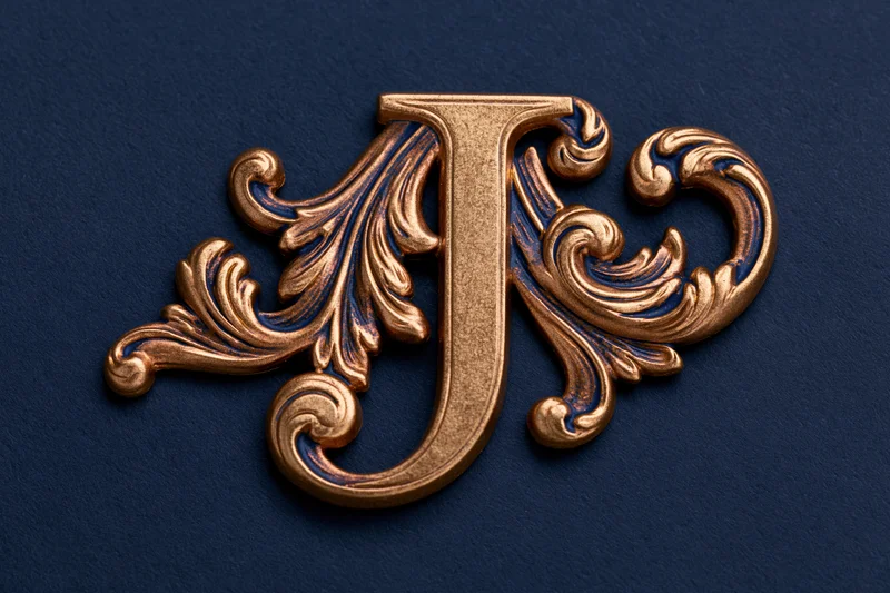 Ornate gold letter j with baroque floral scroll engravings on dark blue surface