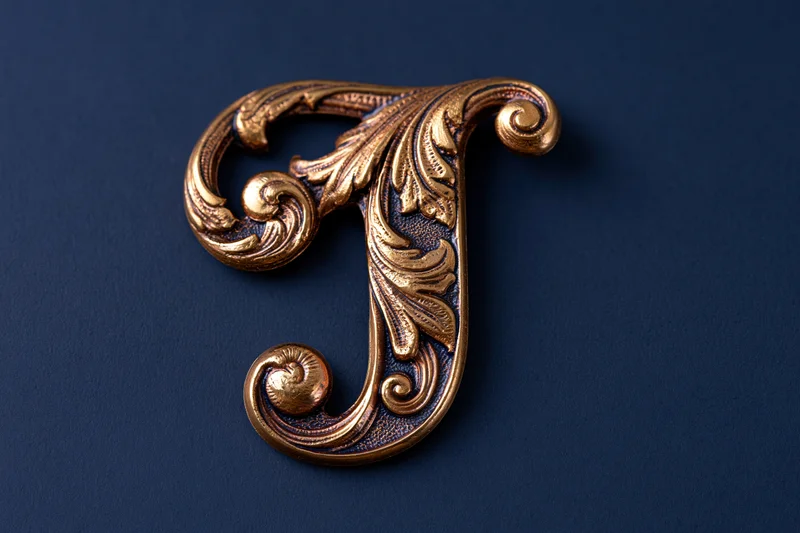 Ornate gold letter j with baroque floral scroll engravings on navy background