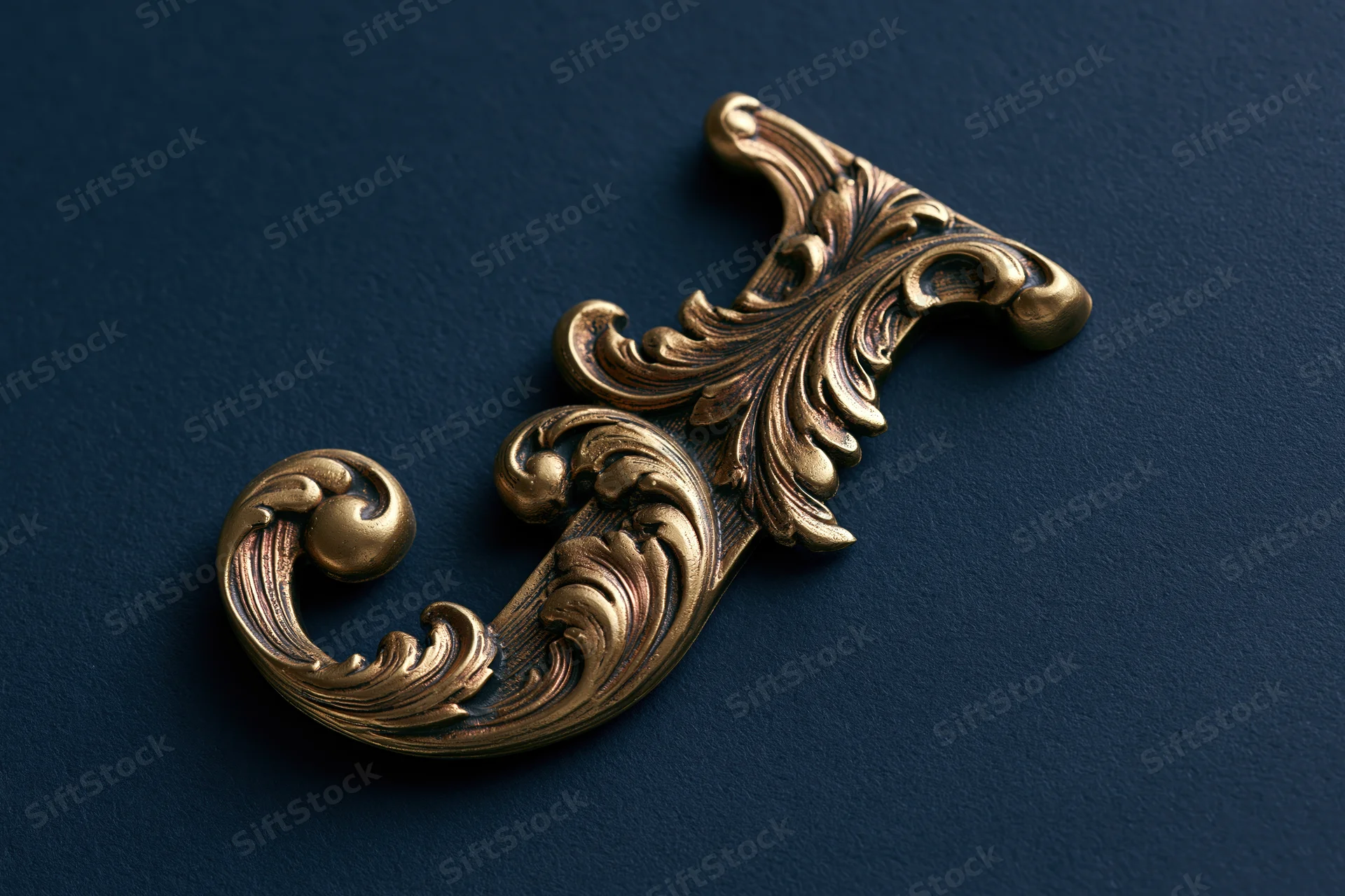 Ornate gold letter j with baroque floral scroll engravings on dark blue background