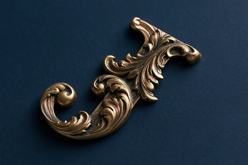 Ornate gold letter j with baroque floral scroll engravings on dark blue background