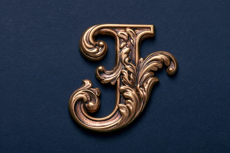 Ornate gold letter j with baroque floral scroll engravings on dark blue background