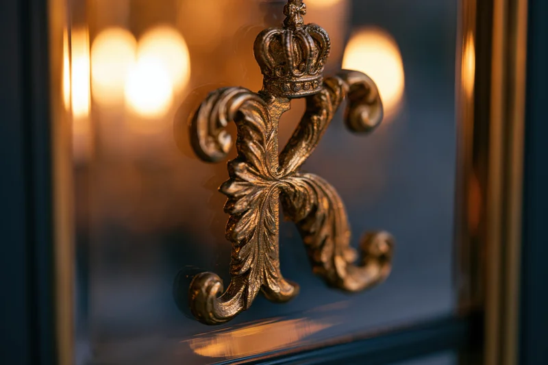 Ornate gold letter k with baroque scrollwork and crown mounted on a dark cabinet door with warm light reflections in the background