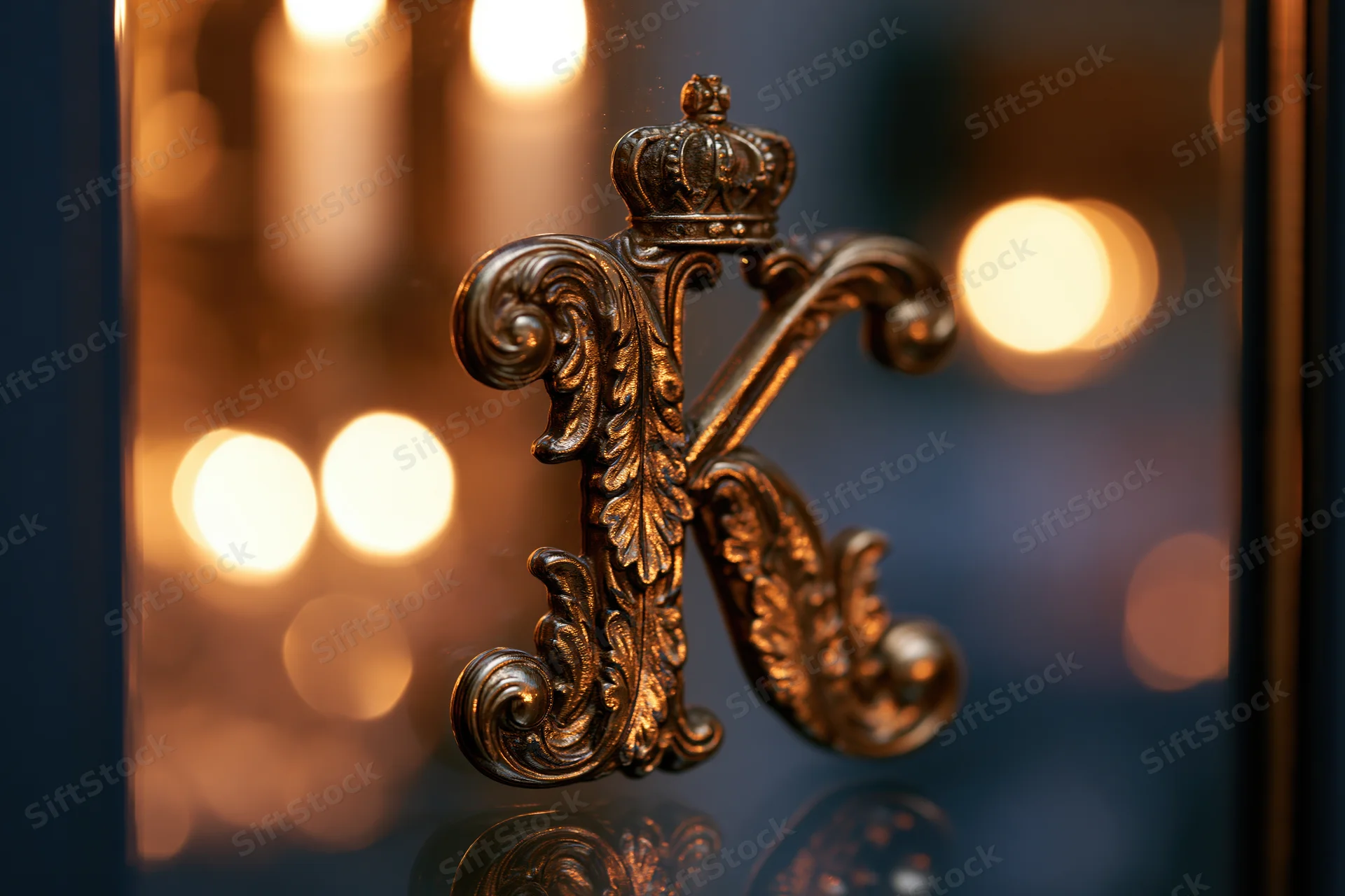 Ornate gold letter k with baroque scrollwork and crown on reflective surface with warm bokeh lights in background