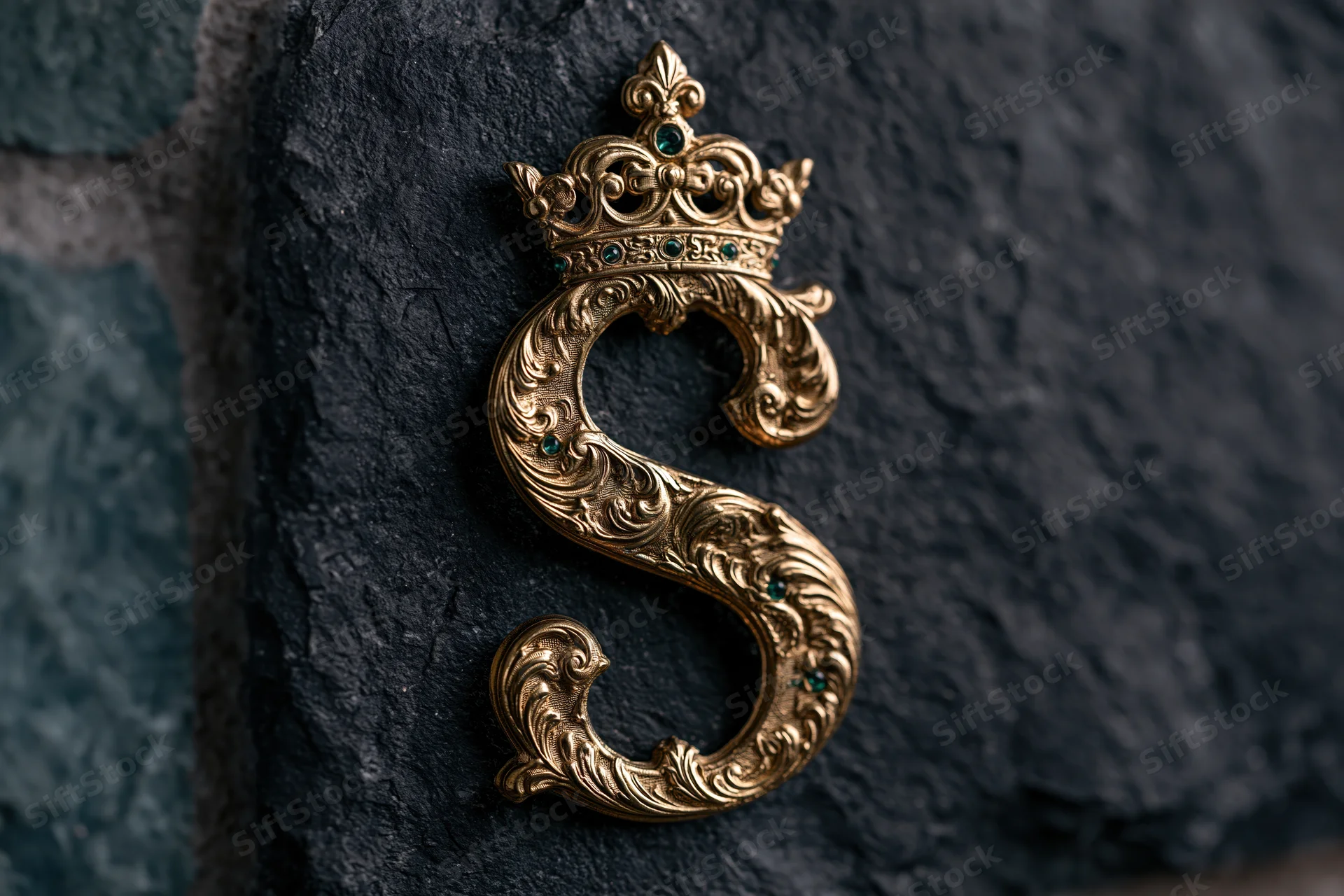 Ornate gold letter s with crown resting on dark textured stone surface