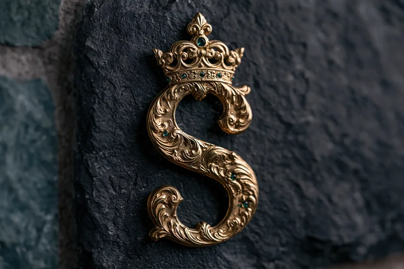 Ornate gold letter s with crown resting on dark textured stone surface