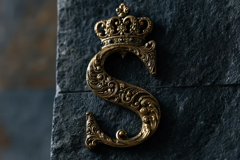 Ornate gold letter s with crown mounted on dark stone surface