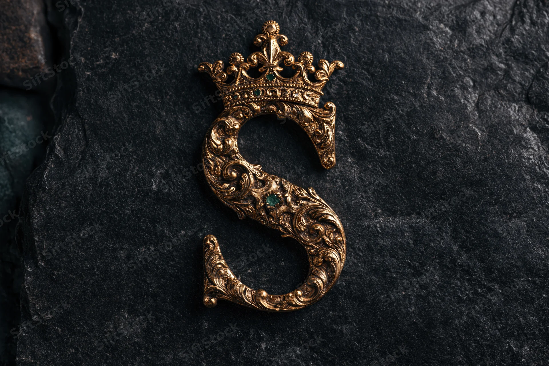 Ornate gold letter s with crown resting on dark stone surface