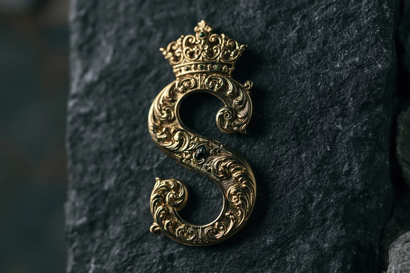 Ornate gold letter s with crown mounted on dark stone surface
