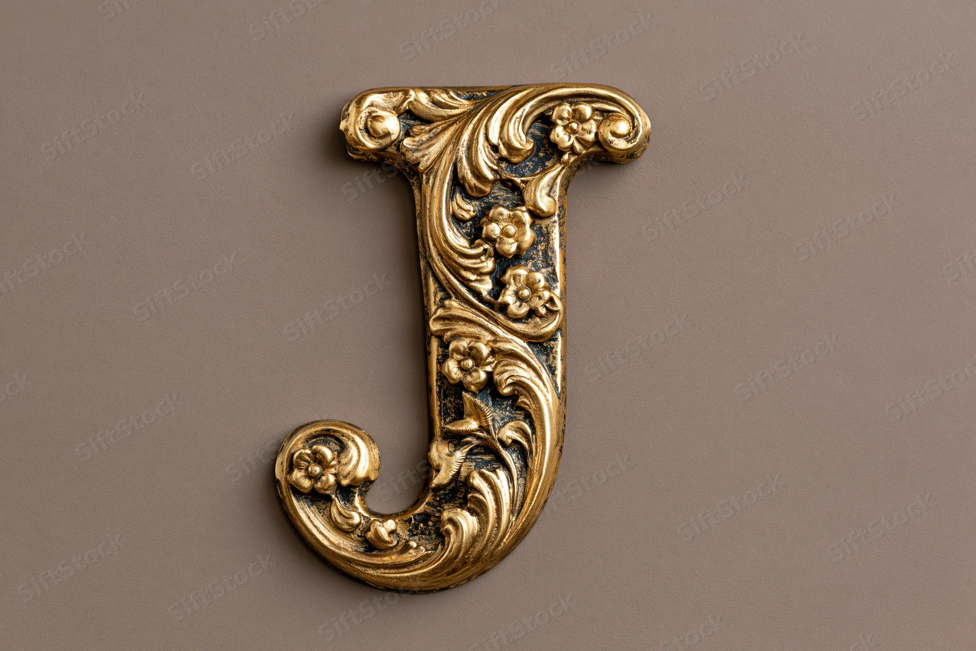 Ornate gold metal letter j with embossed floral scrollwork on a neutral background