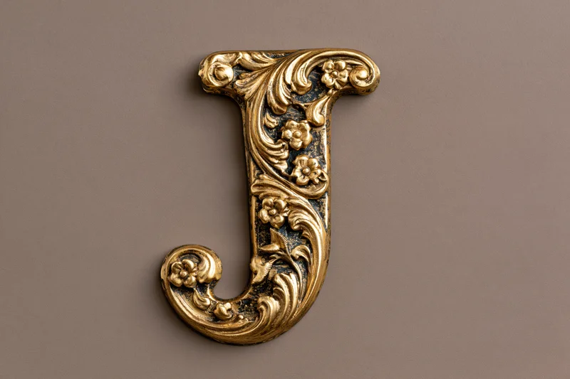 Ornate gold metal letter j with embossed floral scrollwork on a neutral background