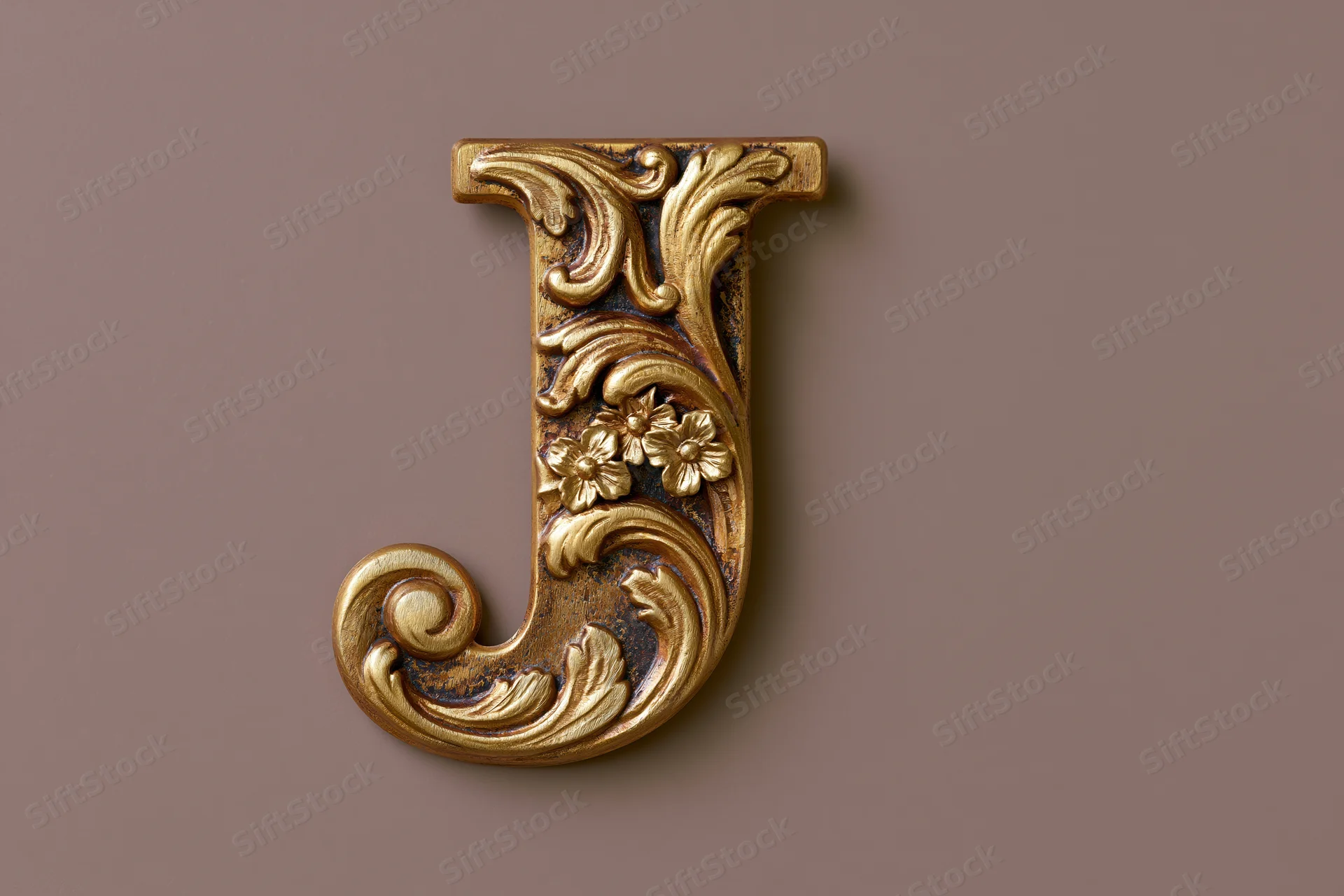 Ornate gold metal letter j with embossed floral scrollwork on a plain background