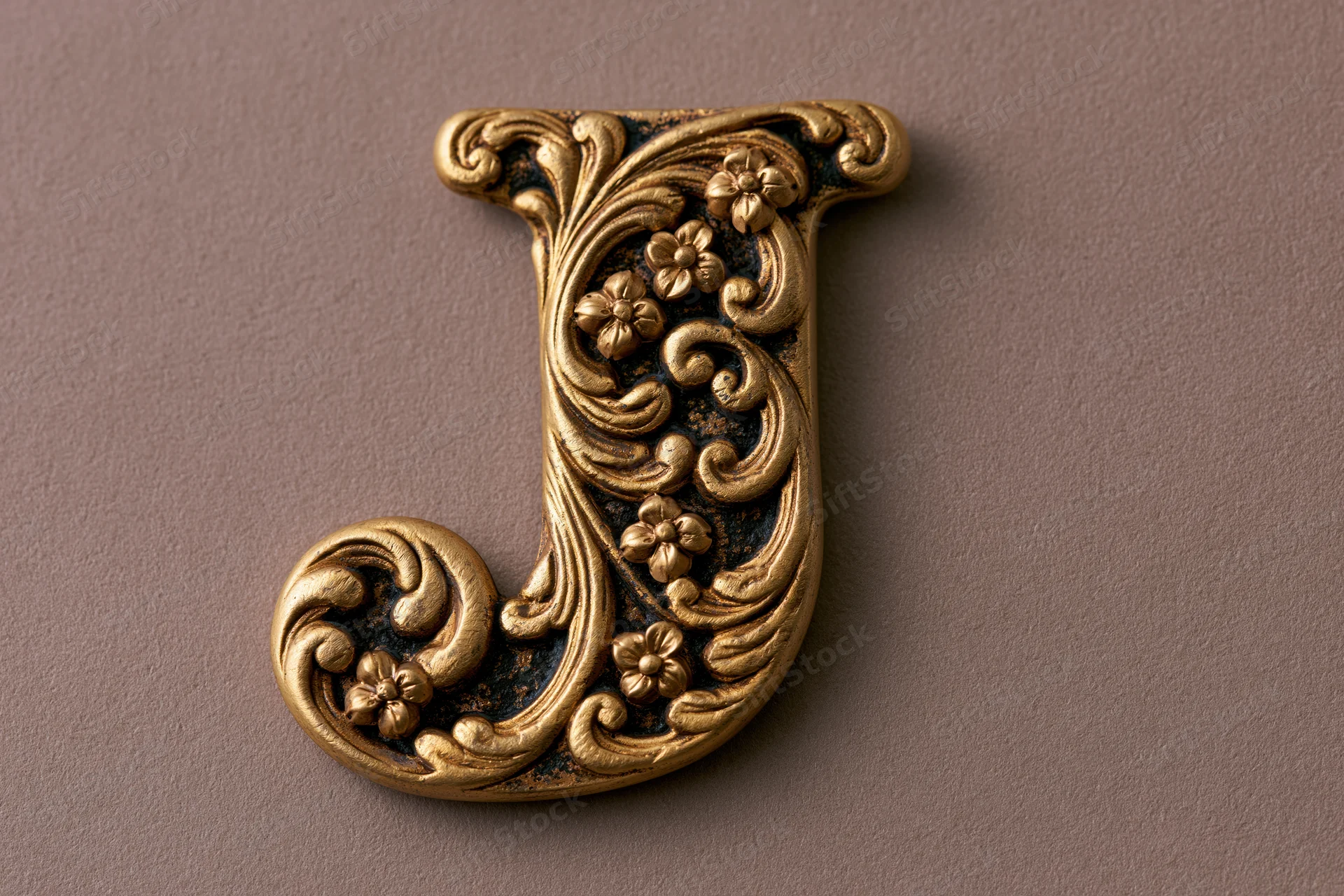 Ornate gold metal letter j with embossed floral scrollwork on a brown surface