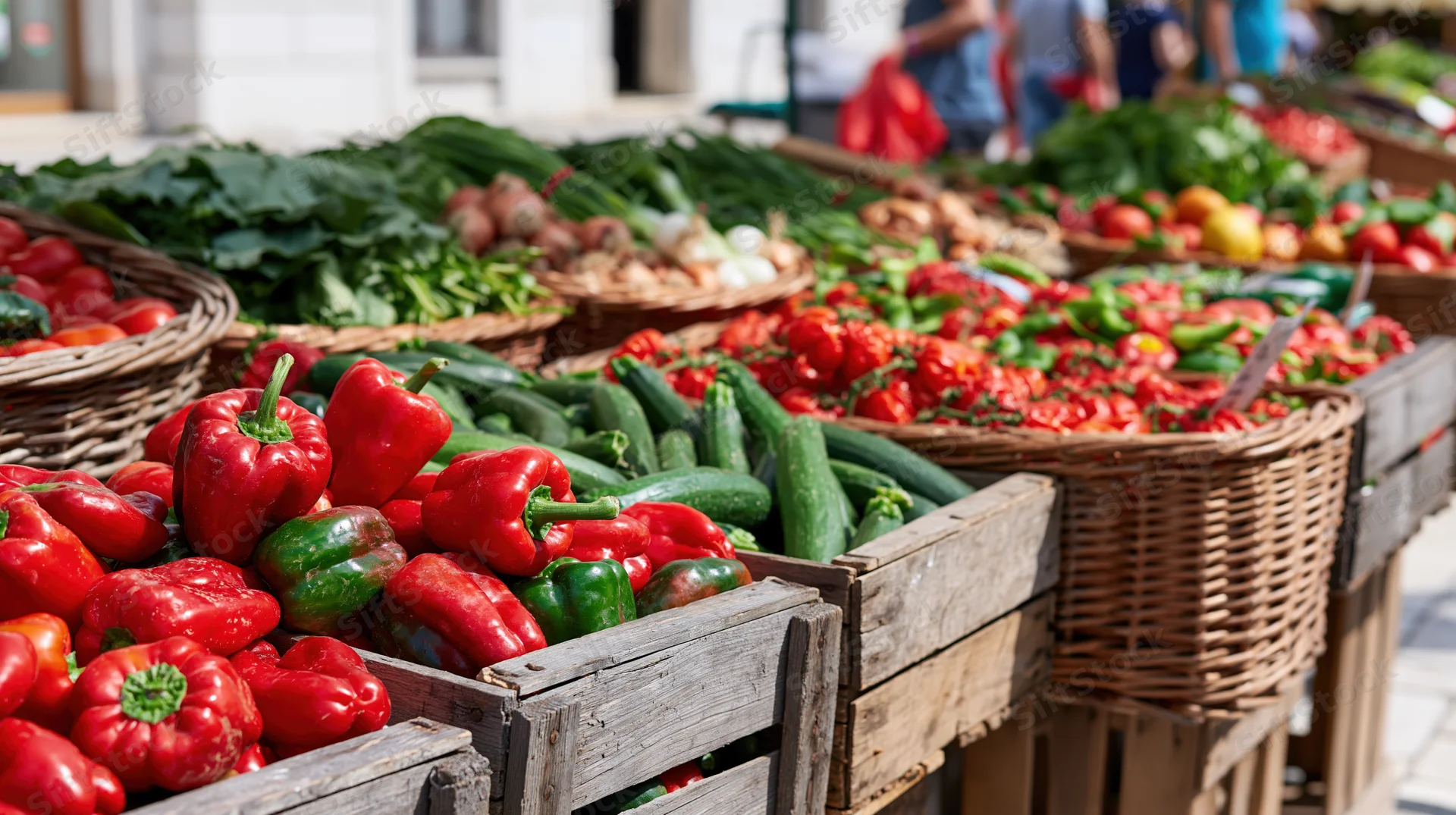 Fresh vegetables in wooden crates and wicker baskets at outdoor farmers market stall