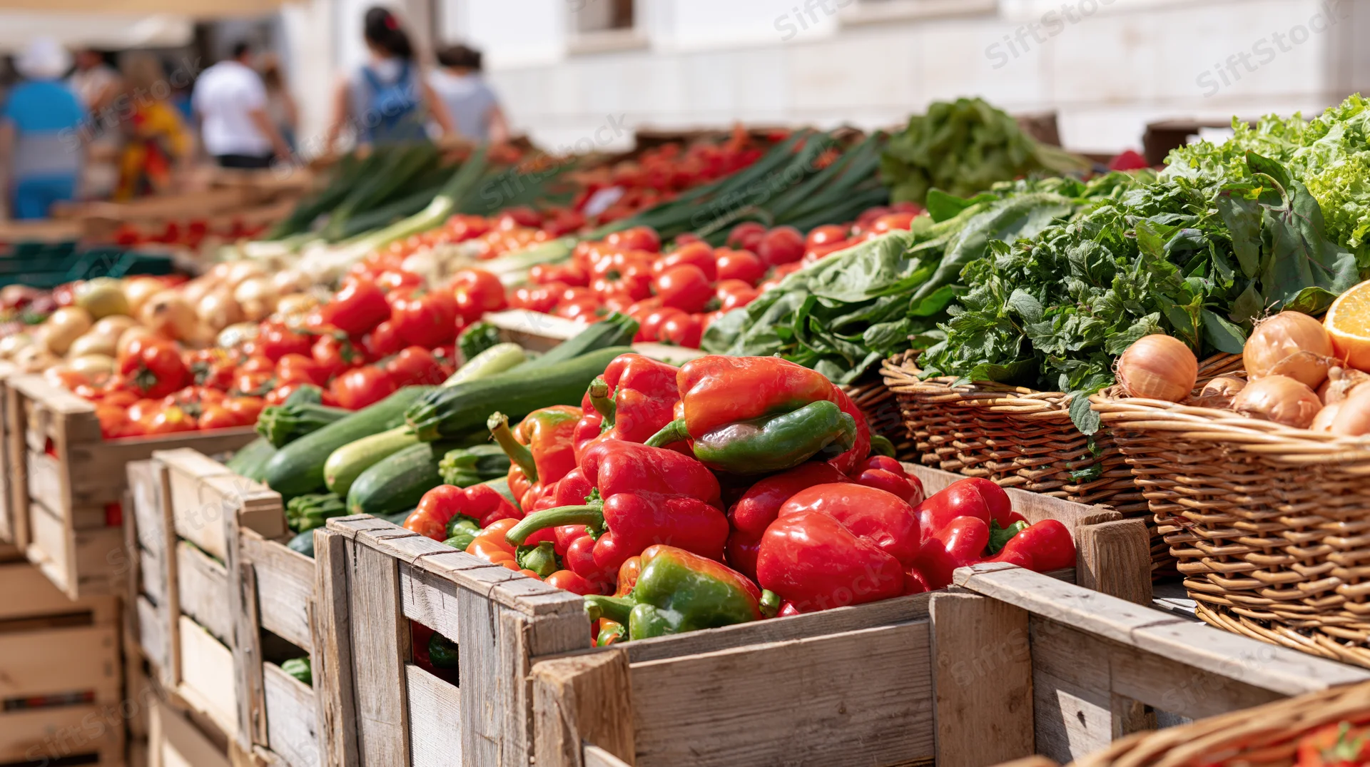 Fresh vegetables arranged in wooden crates and wicker baskets at an outdoor farmers market stall