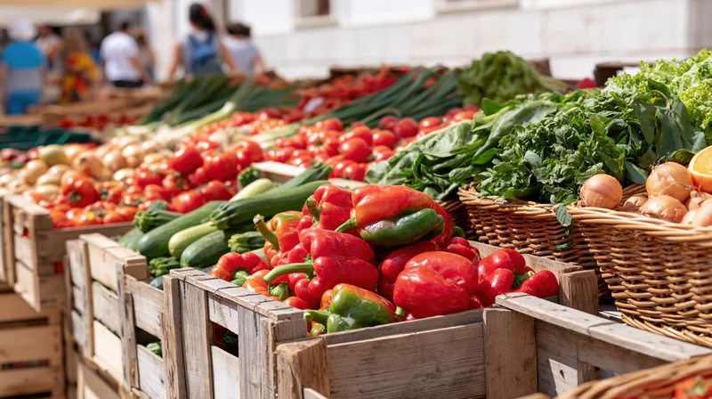 Fresh vegetables arranged in wooden crates and wicker baskets at an outdoor farmers market stall