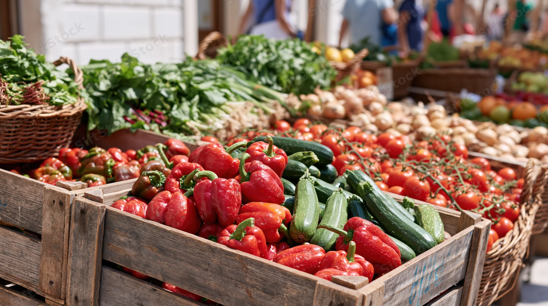 Wooden crates filled with fresh vegetables at outdoor farmers market stall