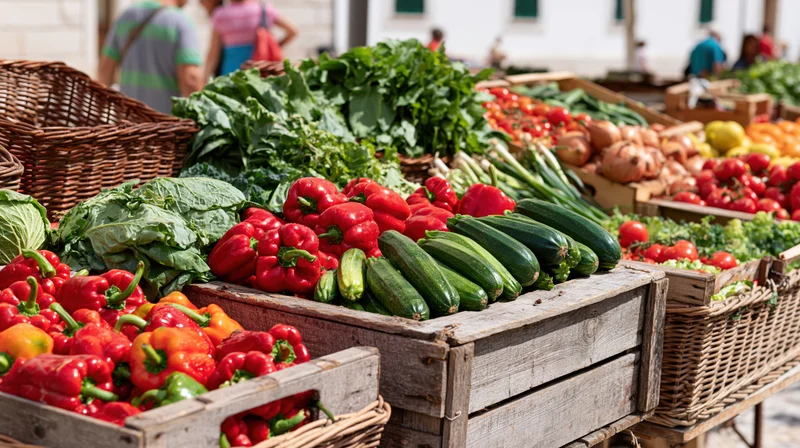 Fresh vegetables arranged in wooden crates and wicker baskets at an outdoor market stall