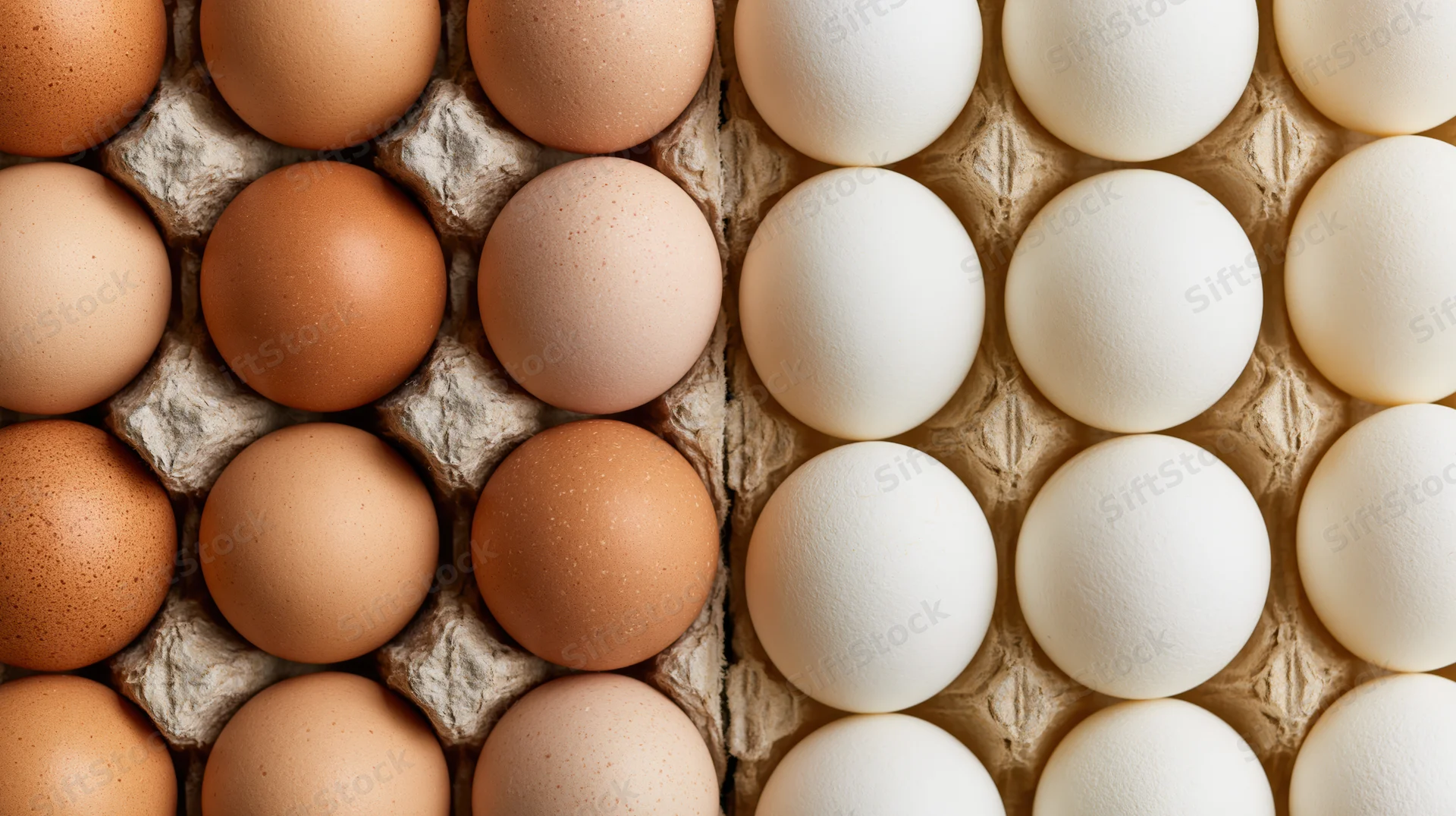 Brown and white eggs arranged in a cardboard carton viewed from above
