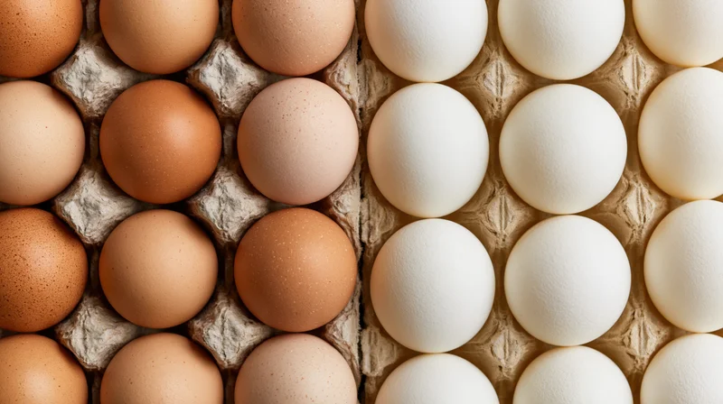 Brown and white eggs arranged in a cardboard carton viewed from above