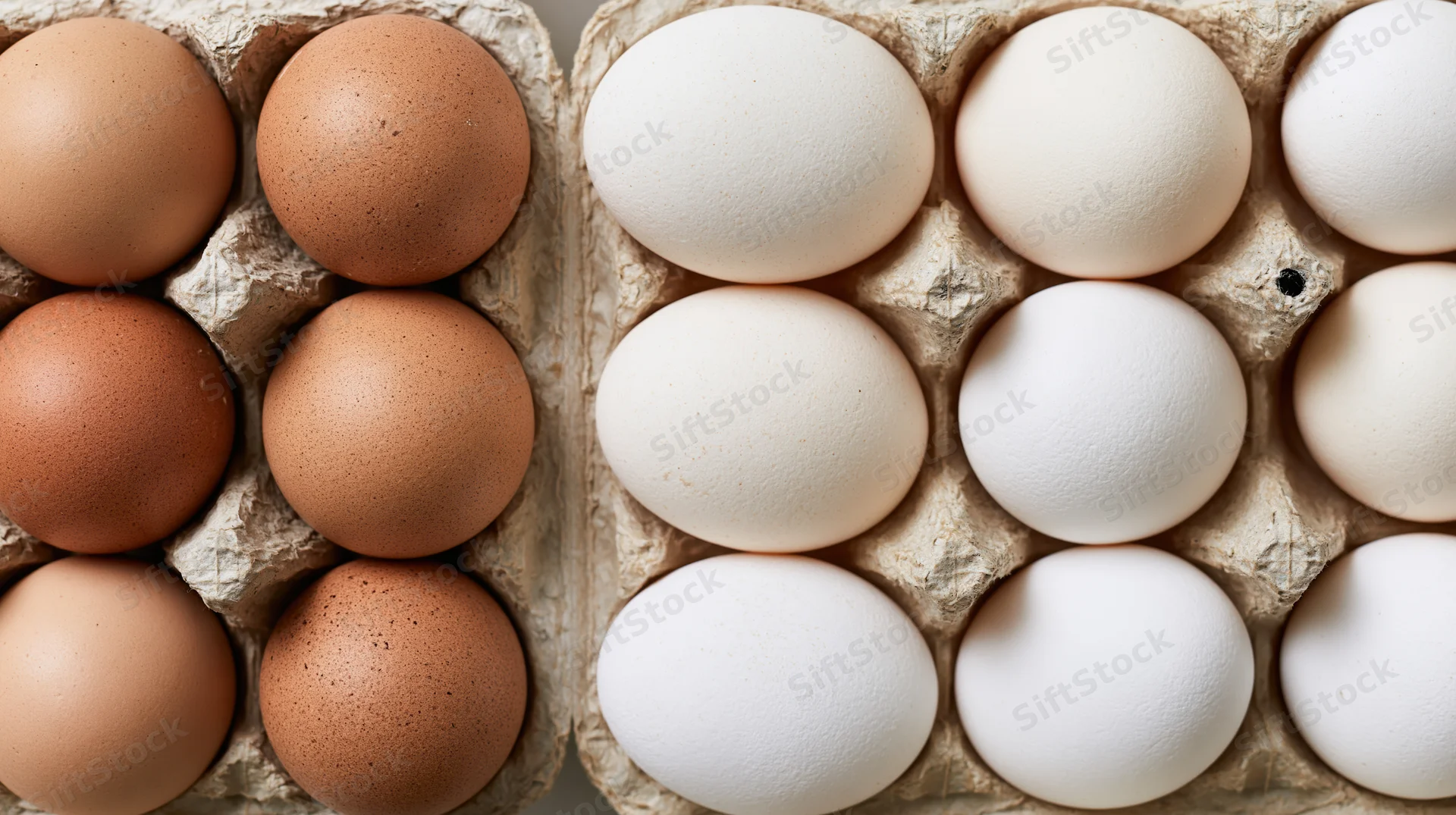 Brown and white eggs arranged in cardboard cartons viewed from above