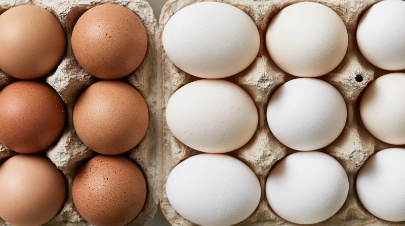Brown and white eggs arranged in cardboard cartons viewed from above