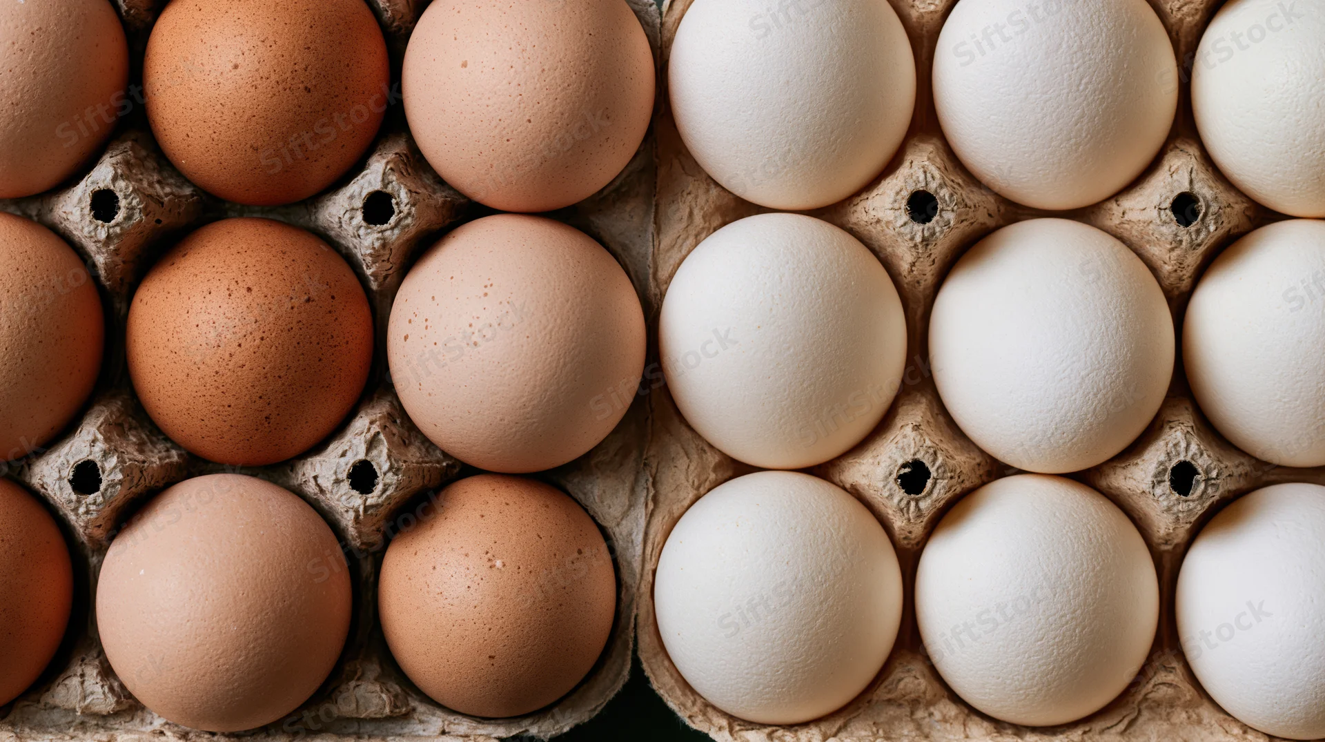 Brown and white eggs arranged in a cardboard carton viewed from above