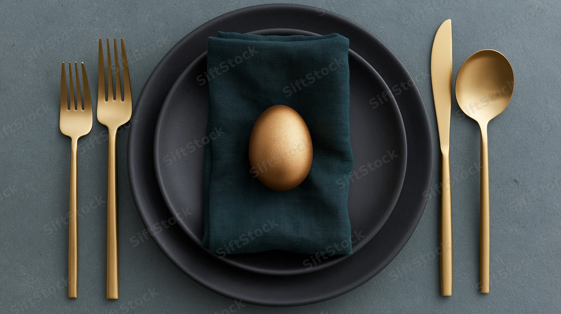 Golden egg on a dark napkin centered on stacked black plates with gold cutlery arranged symmetrically on a gray surface