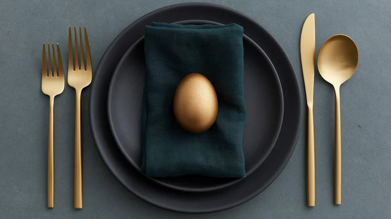 Golden egg on a dark napkin centered on stacked black plates with gold cutlery arranged symmetrically on a gray surface