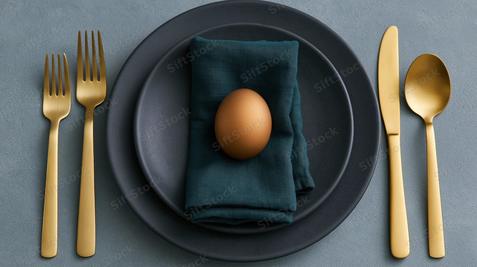Single brown egg on folded teal napkin centered on stacked black plates with gold cutlery arranged symmetrically on gray surface