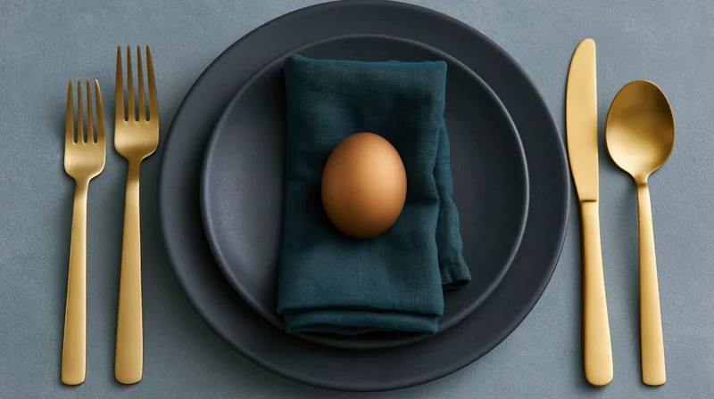 Single brown egg on folded teal napkin centered on stacked black plates with gold cutlery arranged symmetrically on gray surface
