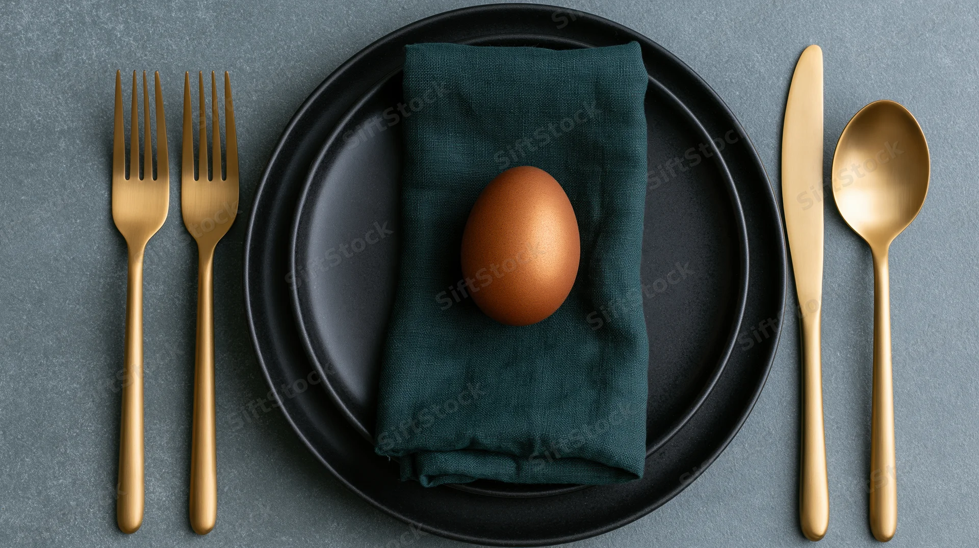 Single egg on a dark napkin centered on a black plate with gold cutlery arranged symmetrically on a textured gray surface
