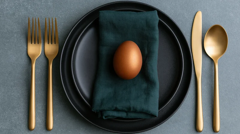 Single egg on a dark napkin centered on a black plate with gold cutlery arranged symmetrically on a textured gray surface
