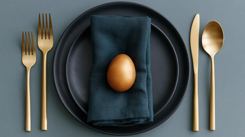Single egg on a folded napkin centered on stacked black plates with gold cutlery arranged symmetrically on a gray surface