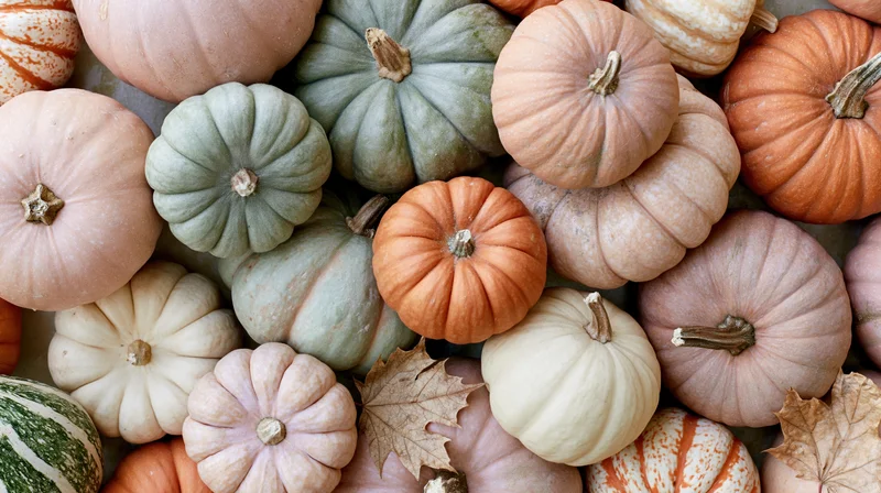 Overhead flat lay of assorted autumn pumpkins and gourds with dried leaves arranged together