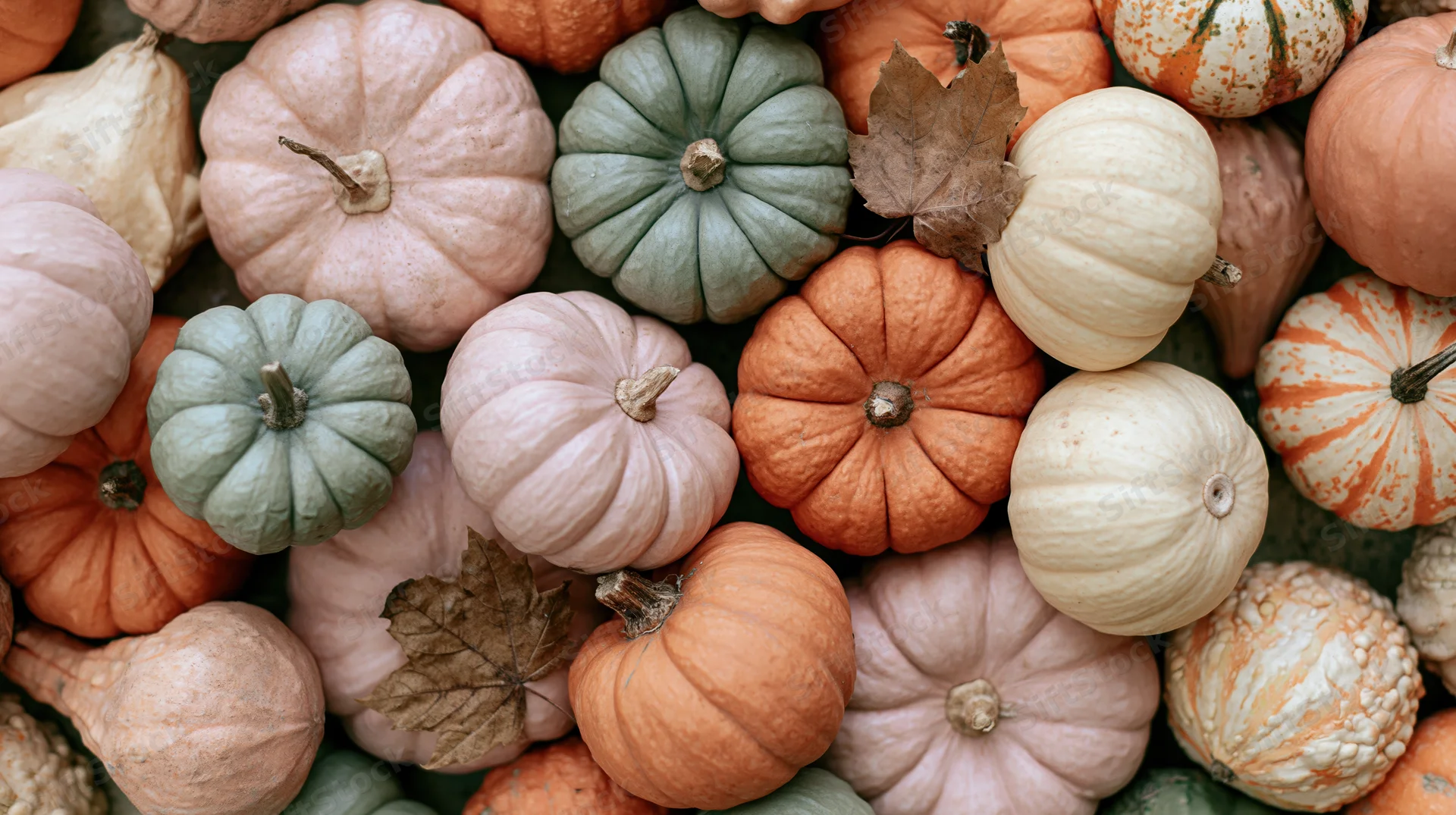 Overhead flat lay of assorted autumn pumpkins and gourds with dried leaves arranged in a dense pattern