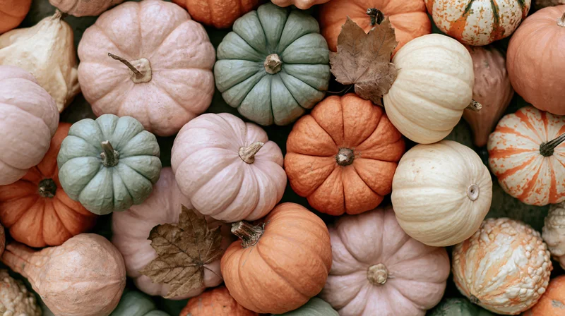 Overhead flat lay of assorted autumn pumpkins and gourds with dried leaves arranged in a dense pattern
