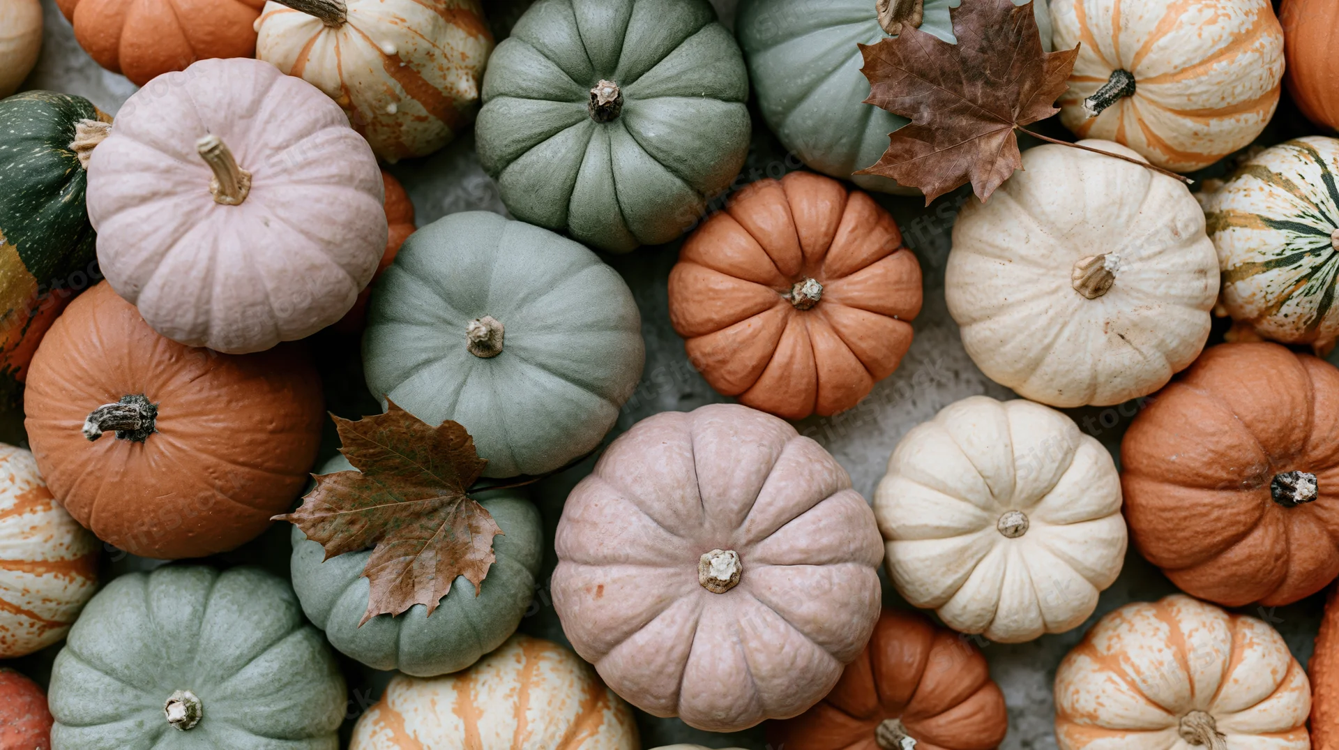 Overhead flat lay of assorted autumn pumpkins and gourds with dried leaves on a textured surface