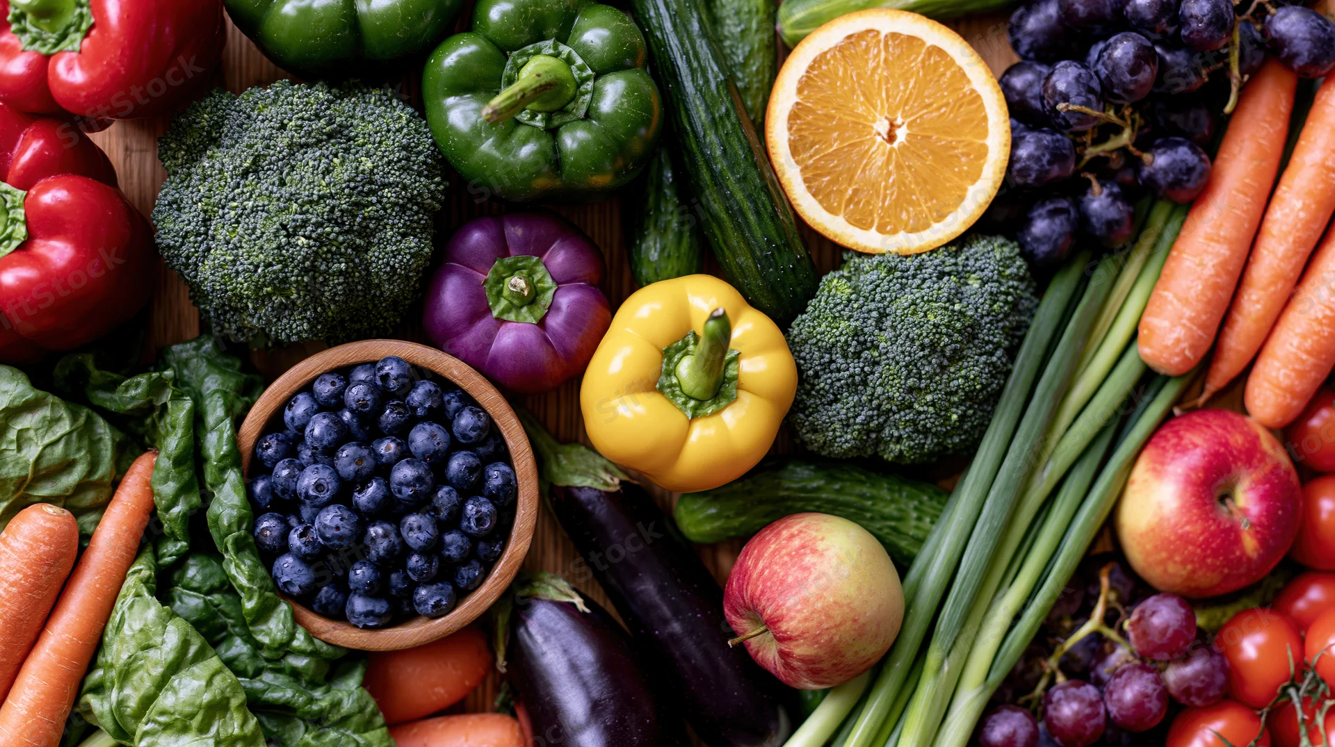 Overhead flat lay of fresh fruits and vegetables arranged on wooden surface