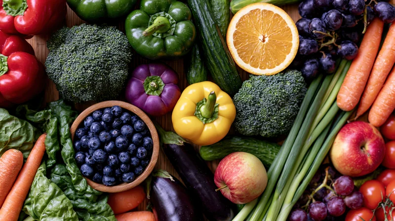 Overhead flat lay of fresh fruits and vegetables arranged on wooden surface