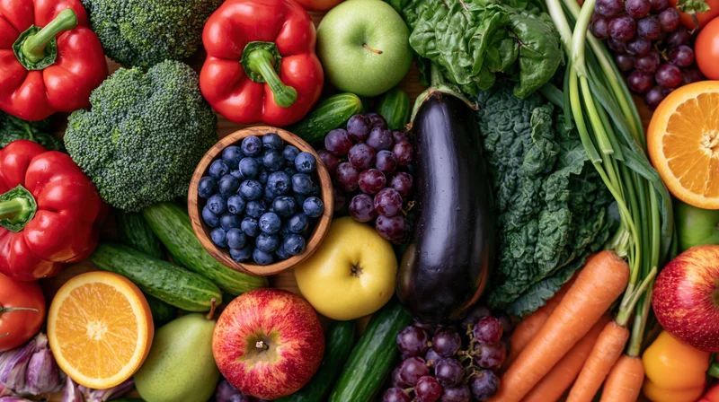 Overhead flat lay of fresh fruits and vegetables densely arranged on wooden surface