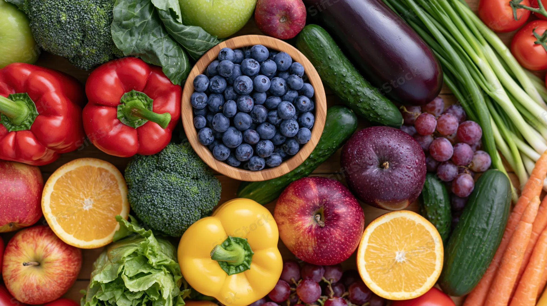 Overhead flat lay of fresh fruits and vegetables arranged on wooden surface