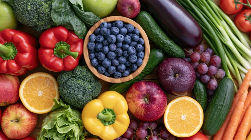 Overhead flat lay of fresh fruits and vegetables arranged on wooden surface