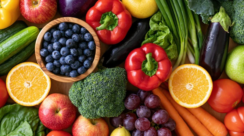 Overhead flat lay of fresh fruits and vegetables arranged densely on a wooden surface