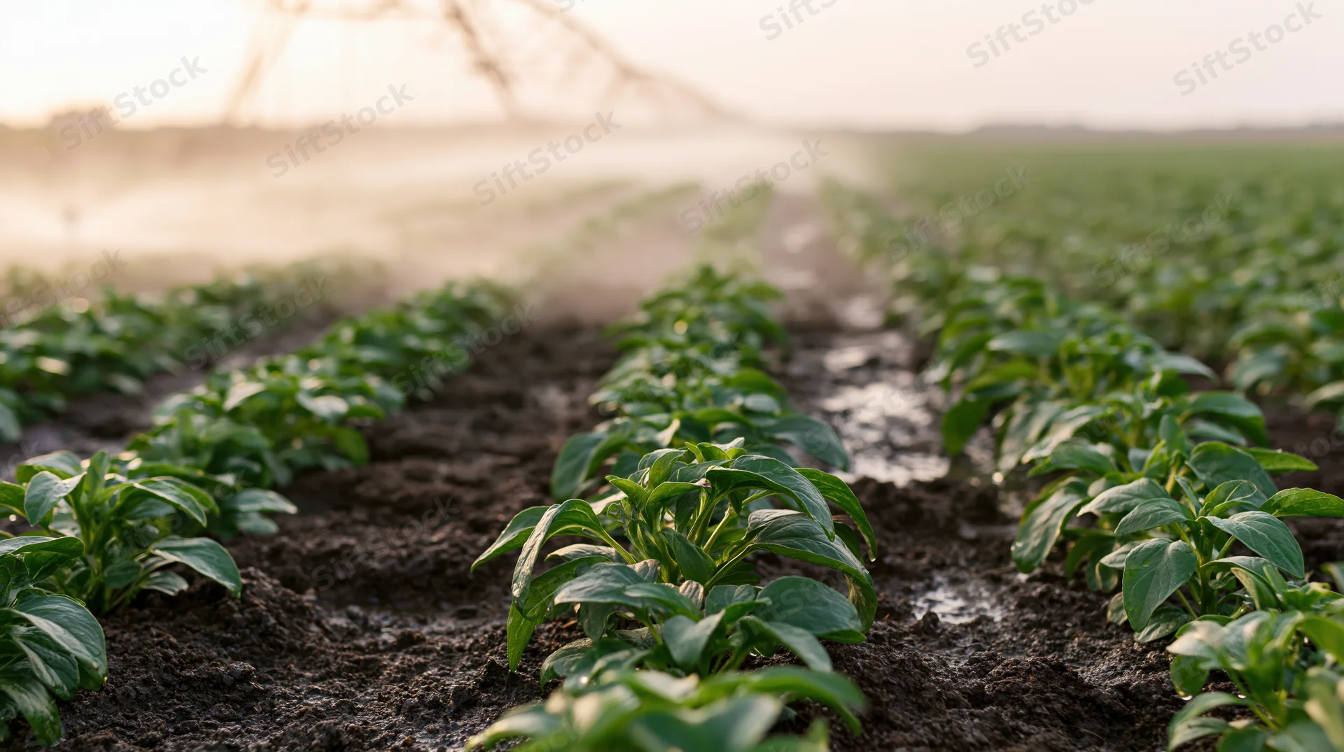Rows of young pepper plants growing in a field under an overhead irrigation boom spraying water
