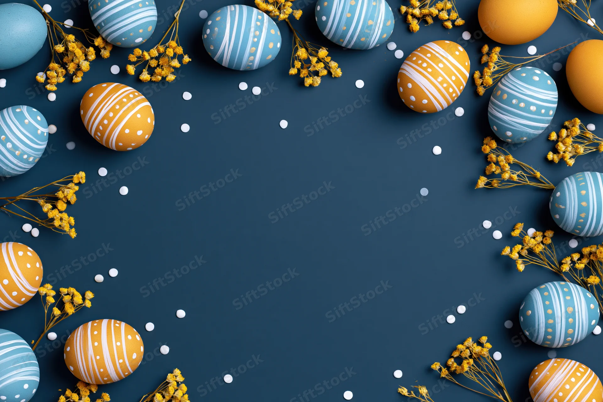 Painted easter eggs and dried yellow flowers arranged in a border on a dark blue surface with copyspace in the center