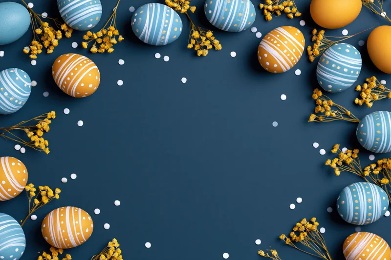 Painted easter eggs and dried yellow flowers arranged in a border on a dark blue surface with copyspace in the center