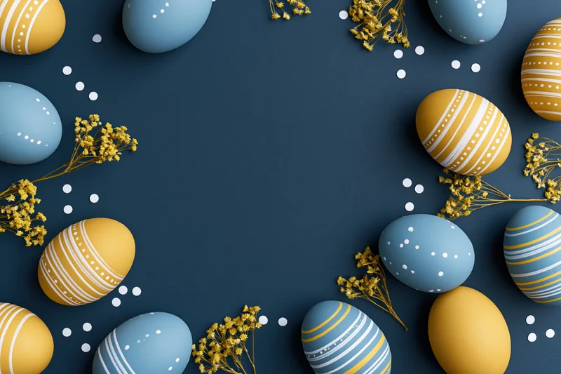 Painted easter eggs in blue and yellow arranged in a frame with dried flowers and white dots on a dark blue surface