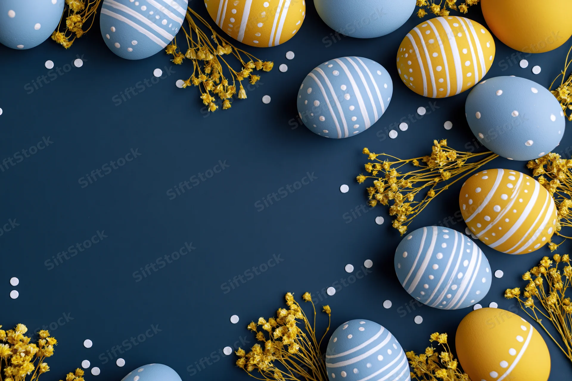 Painted easter eggs in blue and yellow with floral sprigs arranged in a border on navy background with copyspace